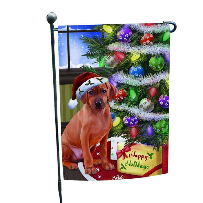 Christmas Happy Holidays Rhodesian Ridgebacks Dog with Tree and Presents Garden Flag