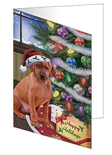 Christmas Happy Holidays Rhodesian Ridgebacks Dog with Tree and Presents Handmade Artwork Assorted Pets Greeting Cards and Note Cards with Envelopes for All Occasions and Holiday Seasons