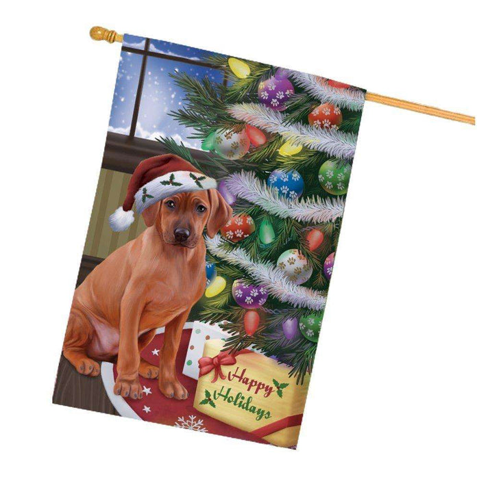 Christmas Happy Holidays Rhodesian Ridgebacks Dog with Tree and Presents House Flag