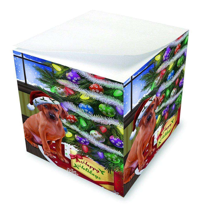 Christmas Happy Holidays Rhodesian Ridgebacks Dog with Tree and Presents Note Cube D068
