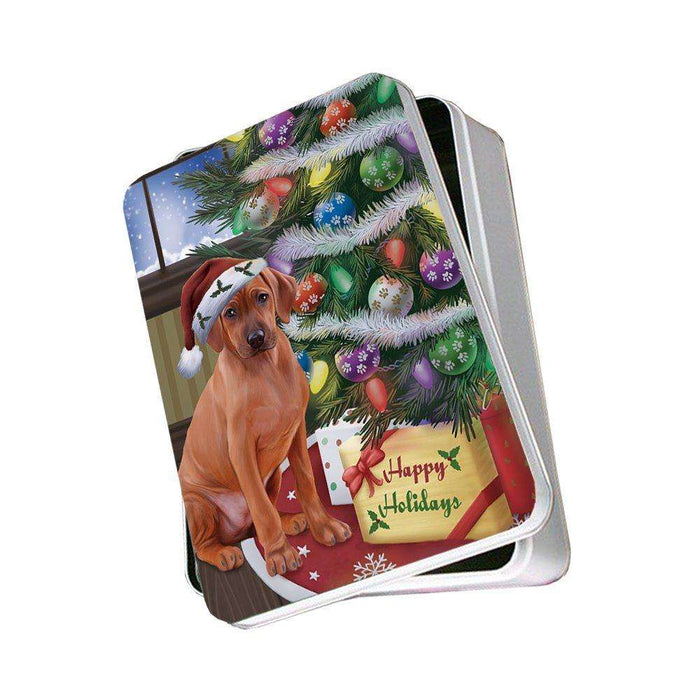 Christmas Happy Holidays Rhodesian Ridgebacks Dog with Tree and Presents Photo Storage Tin