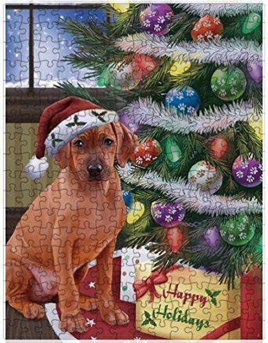 Christmas Happy Holidays Rhodesian Ridgebacks Dog with Tree and Presents Puzzle with Photo Tin (300 pc.)
