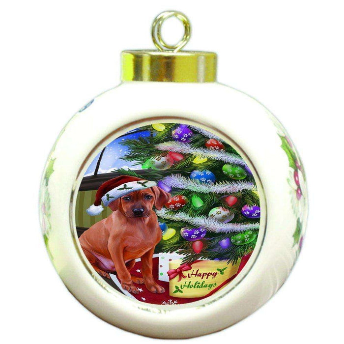 Christmas Happy Holidays Rhodesian Ridgebacks Dog with Tree and Presents Round Ball Ornament D072