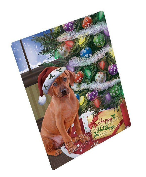 Christmas Happy Holidays Rhodesian Ridgebacks Dog with Tree and Presents Tempered Cutting Board