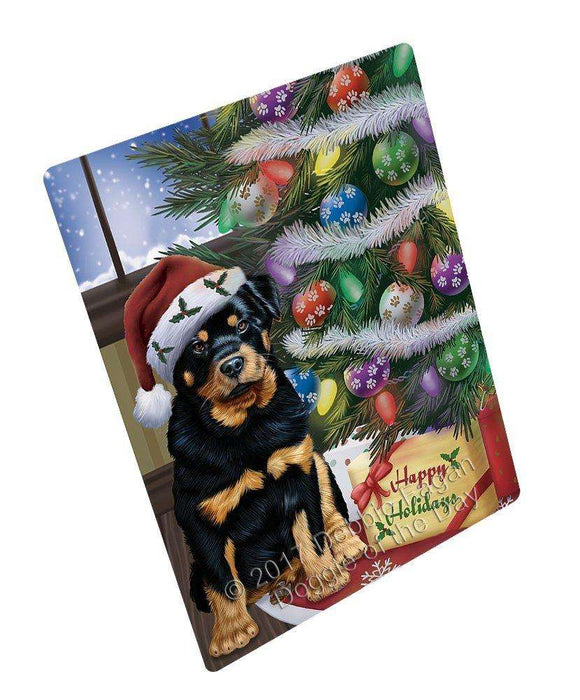 Christmas Happy Holidays Rottweiler Dog with Tree and Presents Art Portrait Print Woven Throw Sherpa Plush Fleece Blanket