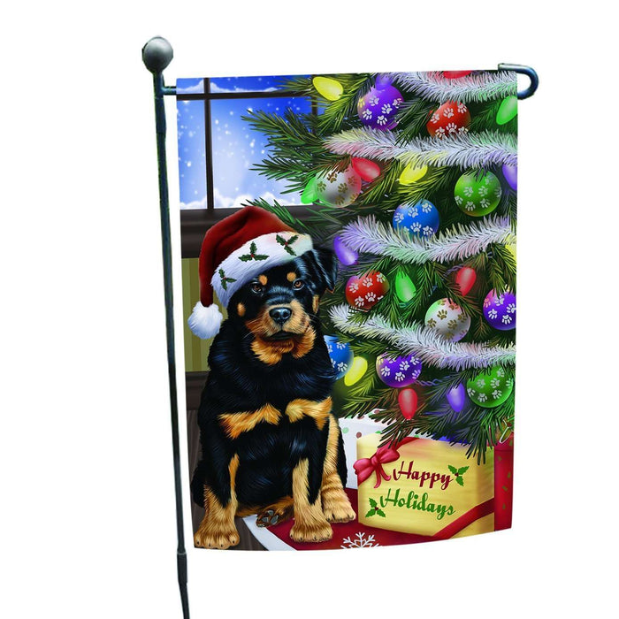 Christmas Happy Holidays Rottweiler Dog with Tree and Presents Garden Flag