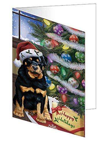 Christmas Happy Holidays Rottweiler Dog with Tree and Presents Handmade Artwork Assorted Pets Greeting Cards and Note Cards with Envelopes for All Occasions and Holiday Seasons