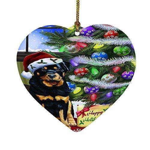 Christmas Happy Holidays Rottweiler Dog with Tree and Presents Heart Ornament D073