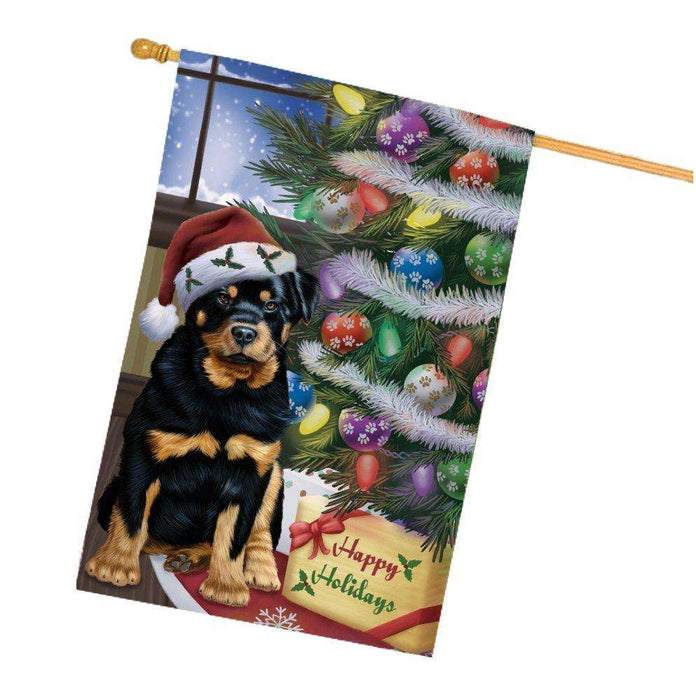Christmas Happy Holidays Rottweiler Dog with Tree and Presents House Flag
