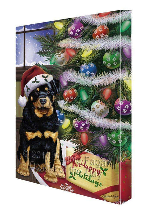 Christmas Happy Holidays Rottweiler Dog with Tree and Presents Painting Printed on Canvas Wall Art