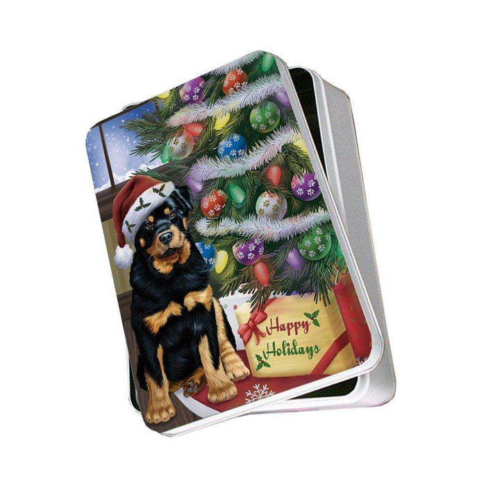 Christmas Happy Holidays Rottweiler Dog with Tree and Presents Photo Storage Tin