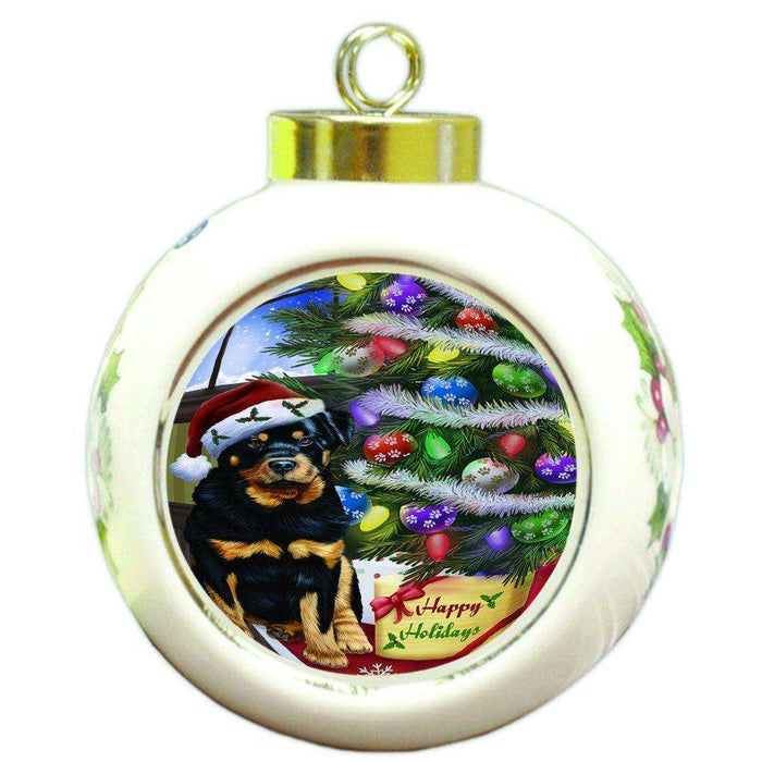 Christmas Happy Holidays Rottweiler Dog with Tree and Presents Round Ball Ornament D073