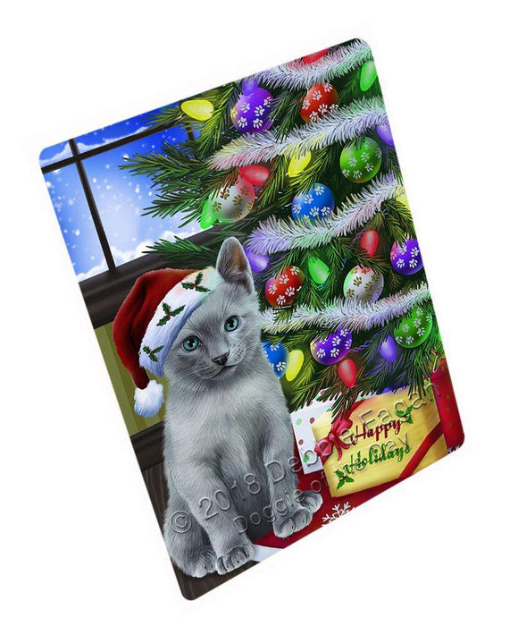 Christmas Happy Holidays Russian Blue Cat with Tree and Presents Blanket BLNKT98571