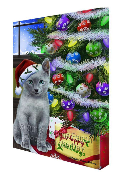 Christmas Happy Holidays Russian Blue Cat with Tree and Presents Canvas Print Wall Art Décor CVS99080