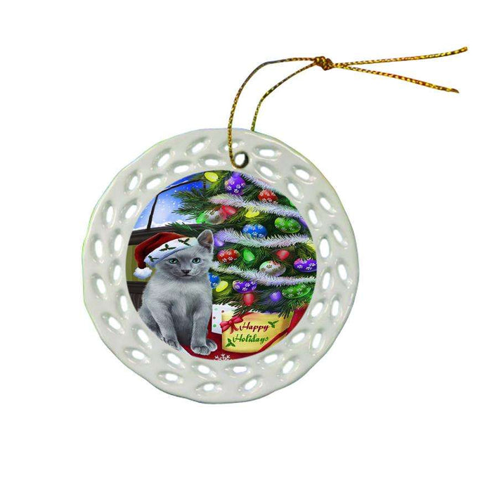 Christmas Happy Holidays Russian Blue Cat with Tree and Presents Ceramic Doily Ornament DPOR53470