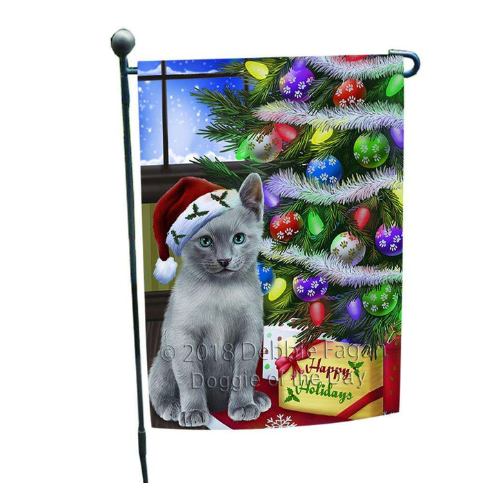 Christmas Happy Holidays Russian Blue Cat with Tree and Presents Garden Flag GFLG53532