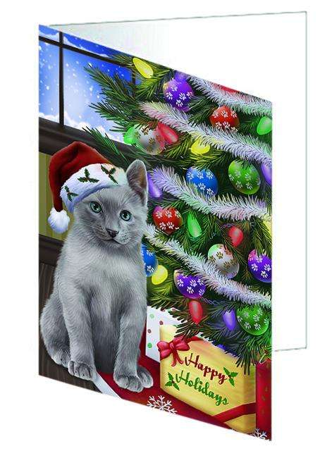 Christmas Happy Holidays Russian Blue Cat with Tree and Presents Handmade Artwork Assorted Pets Greeting Cards and Note Cards with Envelopes for All Occasions and Holiday Seasons GCD64439