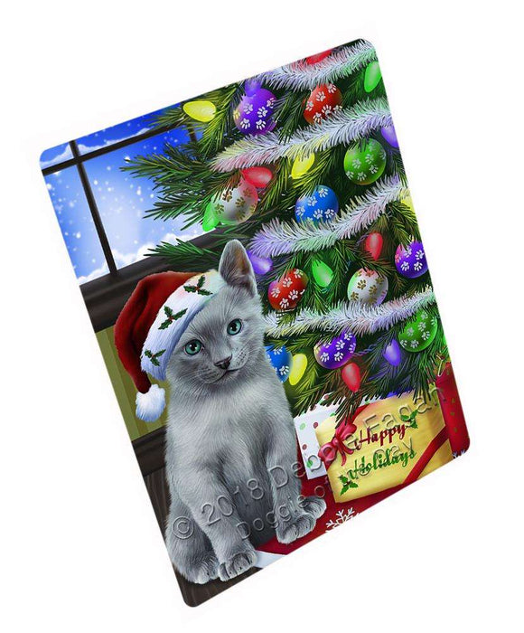 Christmas Happy Holidays Russian Blue Cat with Tree and Presents Large Refrigerator / Dishwasher Magnet RMAG81702