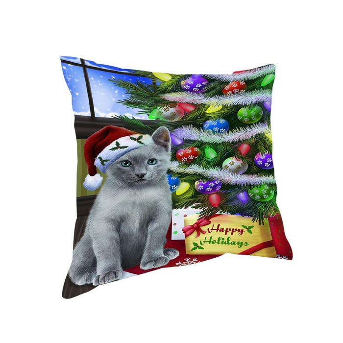 Christmas Happy Holidays Russian Blue Cat with Tree and Presents Pillow PIL70504
