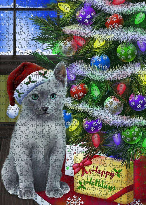 Christmas Happy Holidays Russian Blue Cat with Tree and Presents Puzzle with Photo Tin PUZL81036