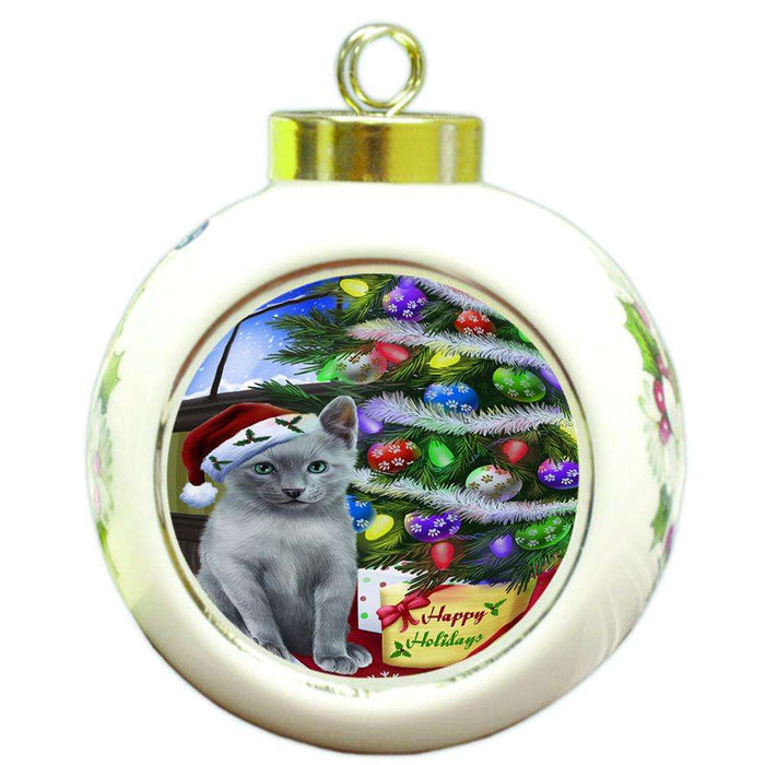Christmas Happy Holidays Russian Blue Cat with Tree and Presents Round Ball Christmas Ornament RBPOR53470