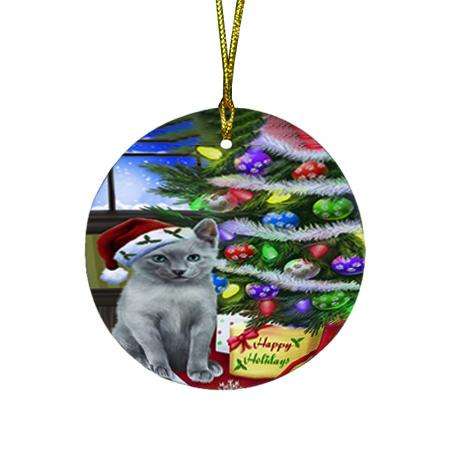 Christmas Happy Holidays Russian Blue Cat with Tree and Presents Round Flat Christmas Ornament RFPOR53461