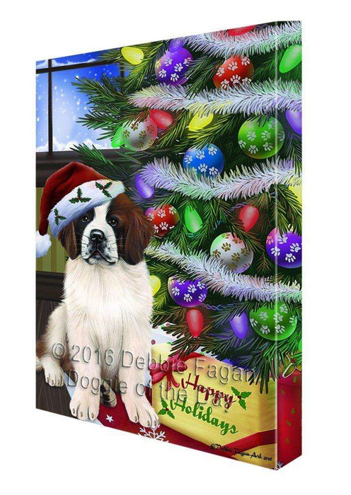 Christmas Happy Holidays Saint Bernard Dog with Tree and Presents Canvas Wall Art