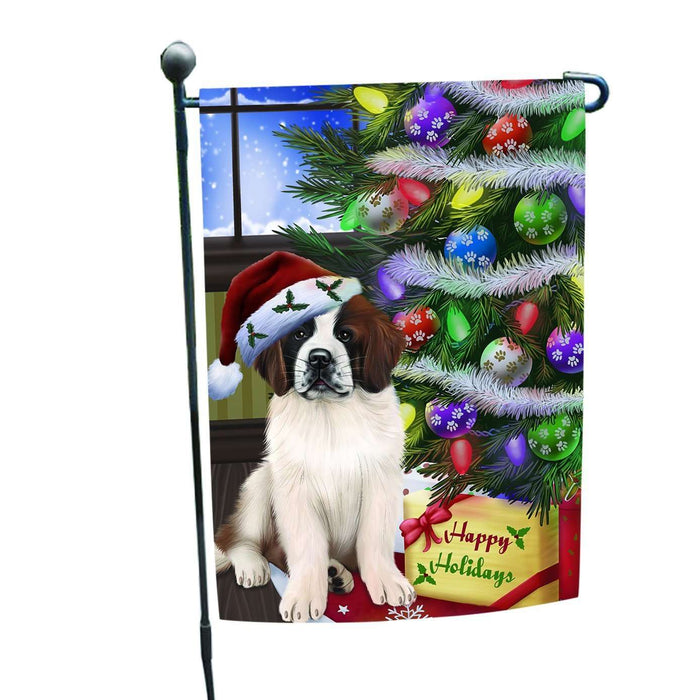 Christmas Happy Holidays Saint Bernard Dog with Tree and Presents Garden Flag