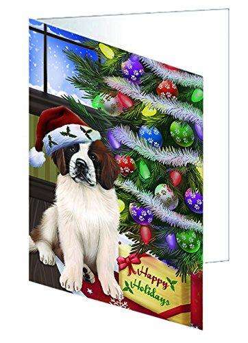 Christmas Happy Holidays Saint Bernard Dog with Tree and Presents Handmade Artwork Assorted Pets Greeting Cards and Note Cards with Envelopes for All Occasions and Holiday Seasons