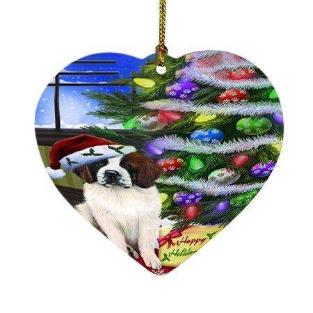 Christmas Happy Holidays Saint Bernard Dog with Tree and Presents Heart Ornament D124