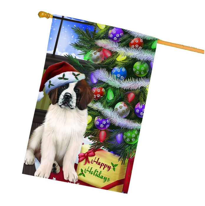 Christmas Happy Holidays Saint Bernard Dog with Tree and Presents House Flag
