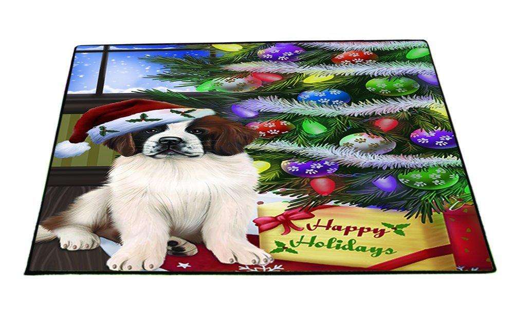 Christmas Happy Holidays Saint Bernard Dog with Tree and Presents Indoor/Outdoor Floormat