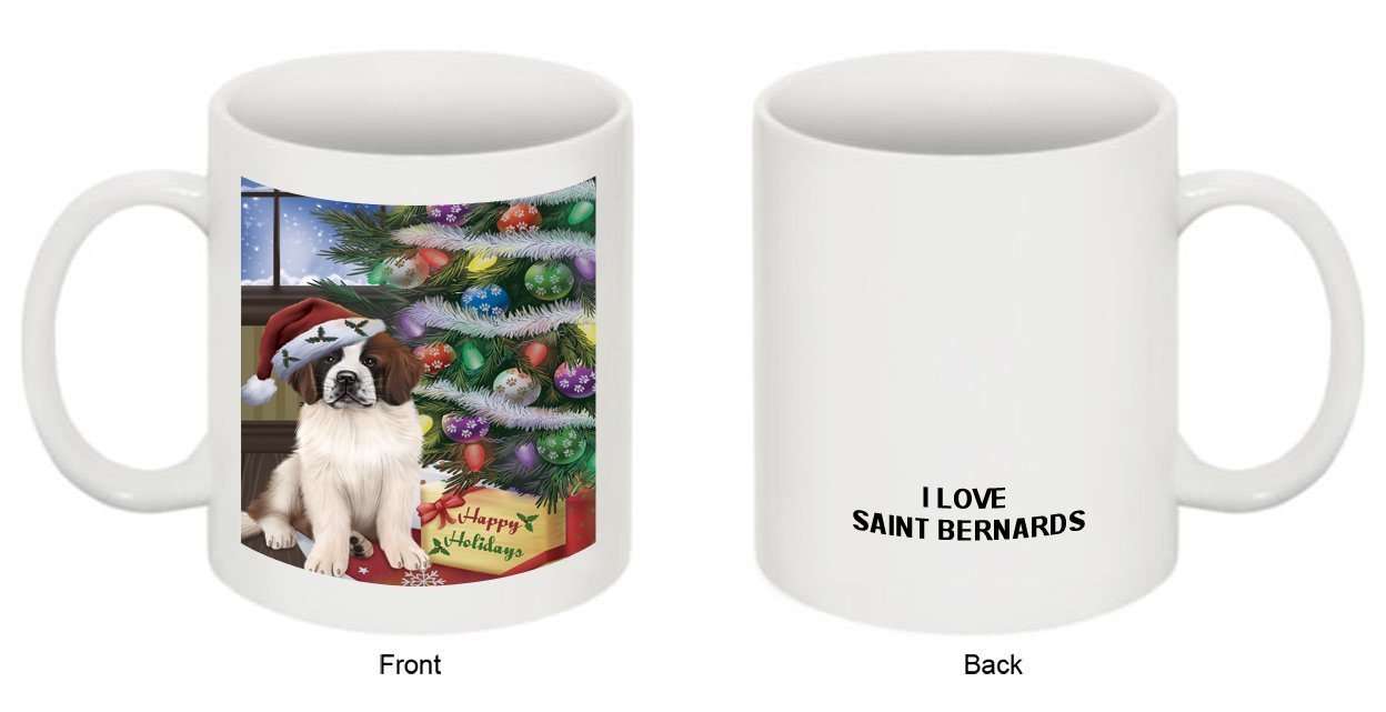 Christmas Happy Holidays Saint Bernard Dog with Tree and Presents Mug CMG0104