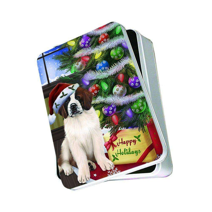 Christmas Happy Holidays Saint Bernard Dog with Tree and Presents Photo Storage Tin PTIN0016