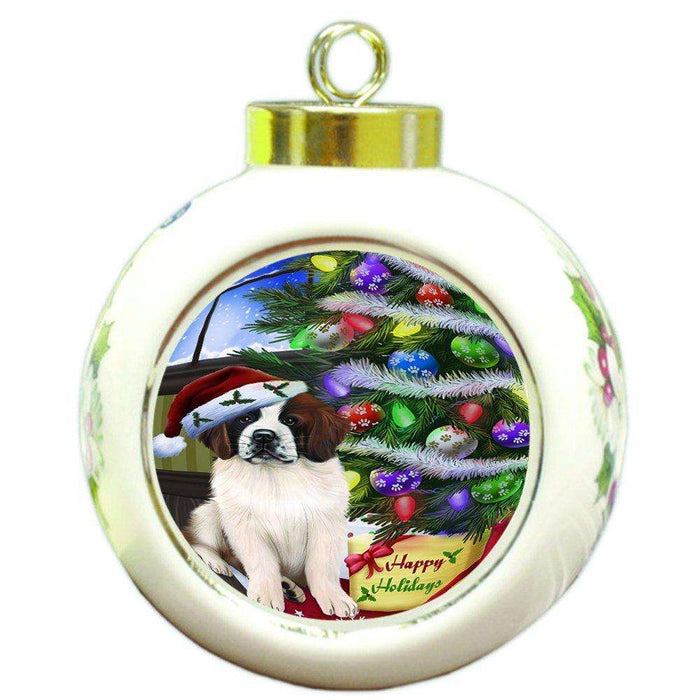 Christmas Happy Holidays Saint Bernard Dog with Tree and Presents Round Ball Ornament D124