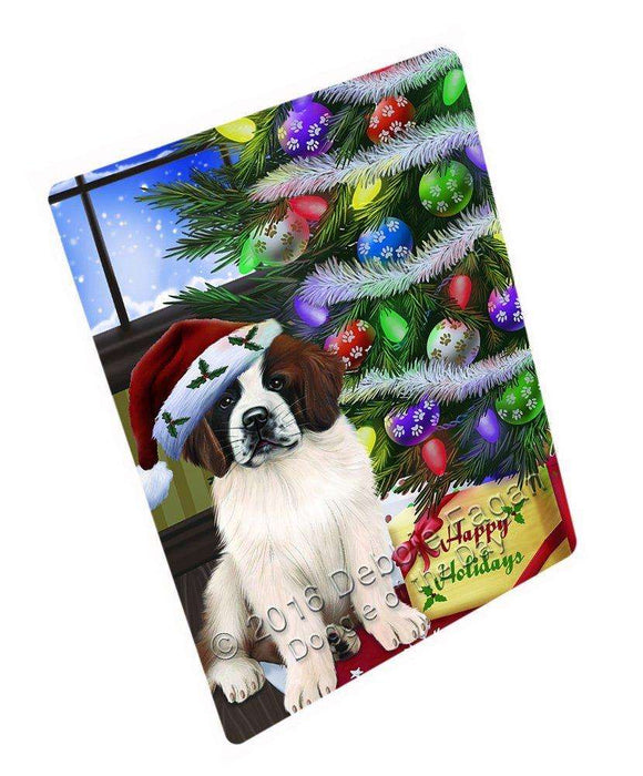 Christmas Happy Holidays Saint Bernard Dog with Tree and Presents Tempered Cutting Board