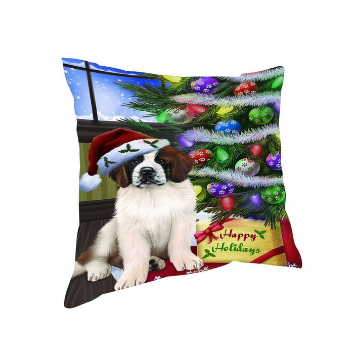 Christmas Happy Holidays Saint Bernard Dog with Tree and Presents Throw Pillow