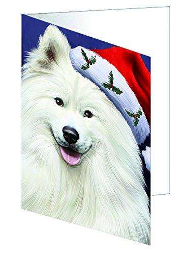 Christmas Happy Holidays Samoyed Dog Wearing Santa Hat Portrait Head Handmade Artwork Assorted Pets Greeting Cards and Note Cards with Envelopes for All Occasions and Holiday Seasons GCD1685