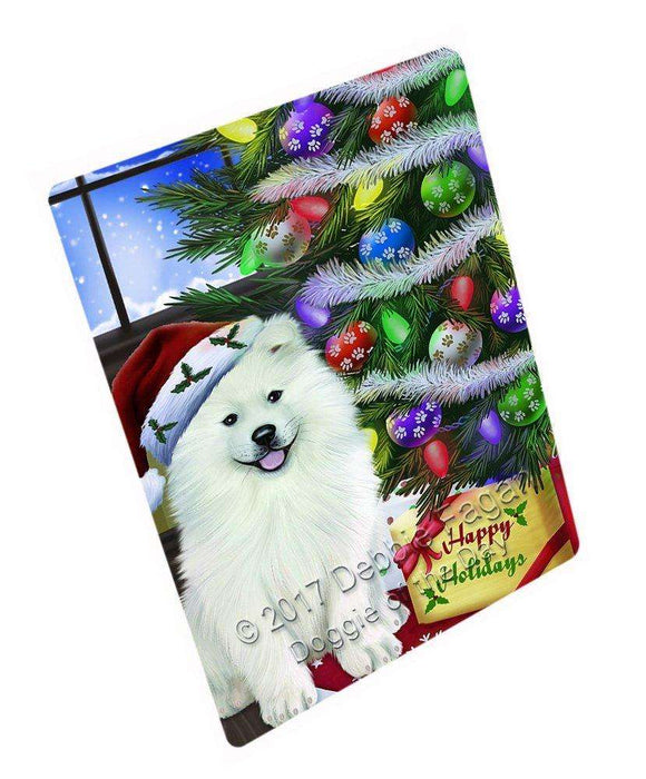 Christmas Happy Holidays Samoyed Dog with Tree and Presents Art Portrait Print Woven Throw Sherpa Plush Fleece Blanket D004