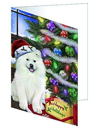Christmas Happy Holidays Samoyed Dog with Tree and Presents Handmade Artwork Assorted Pets Greeting Cards and Note Cards with Envelopes for All Occasions and Holiday Seasons GCD015