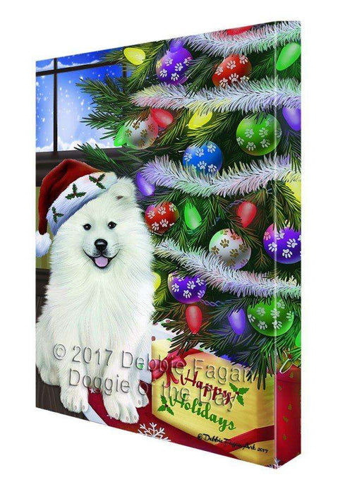 Christmas Happy Holidays Samoyed Dog with Tree and Presents Print on Canvas Wall Art CVS027