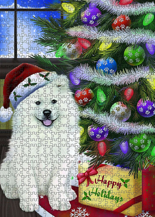 Christmas Happy Holidays Samoyed Dog with Tree and Presents Puzzle with Photo Tin PUZL009