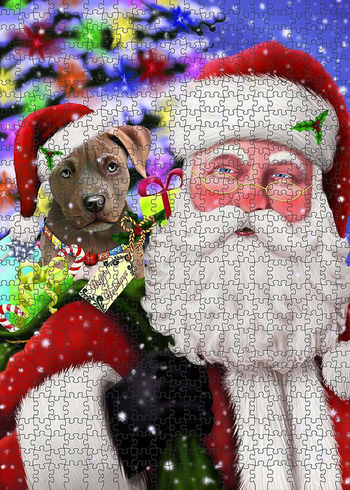Christmas Happy Holidays Santa with Pit Bull Dog Presents Puzzle with Photo Tin PUZL1008