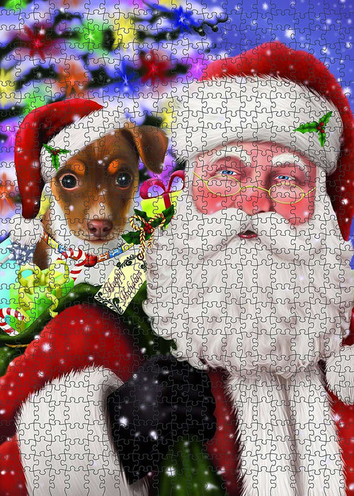 Christmas Happy Holidays Santa with Rat Terrier Dog Presents Puzzle  PUZL1011