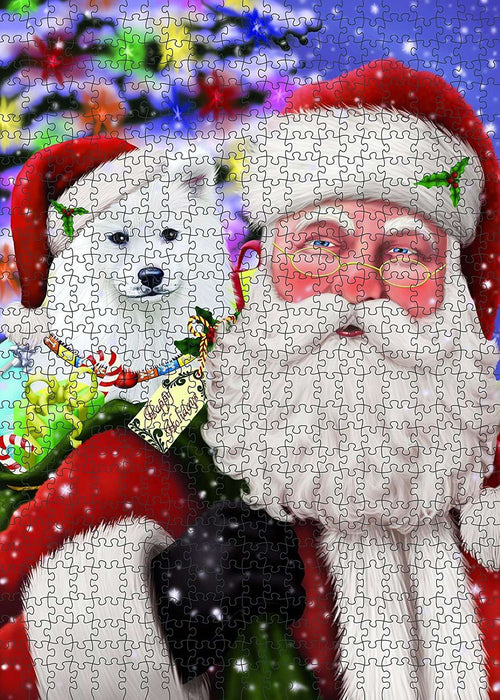 Christmas Happy Holidays Santa with Samoyed Dog Presents Puzzle with Photo Tin PUZL1014