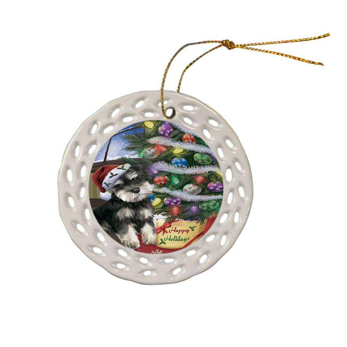 Christmas Happy Holidays Schnauzer Dog with Tree and Presents Ceramic Doily Ornament DPOR53853