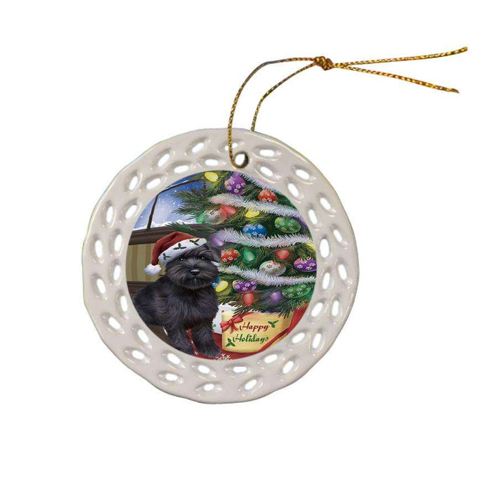 Christmas Happy Holidays Schnauzer Dog with Tree and Presents Ceramic Doily Ornament DPOR53854