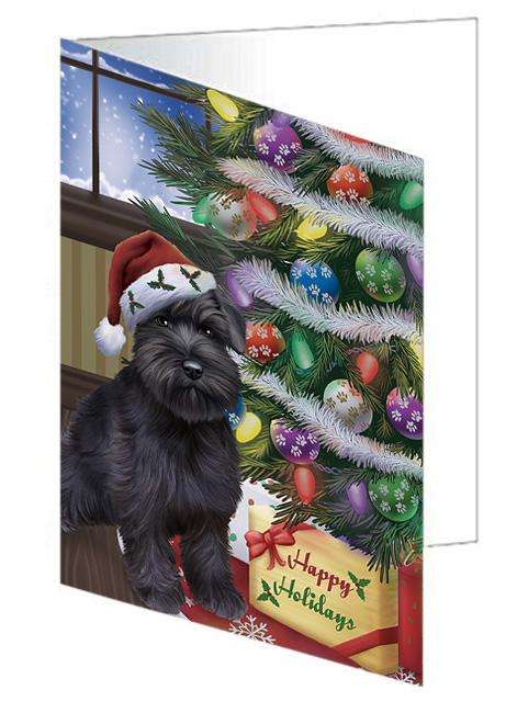 Christmas Happy Holidays Schnauzer Dog with Tree and Presents Handmade Artwork Assorted Pets Greeting Cards and Note Cards with Envelopes for All Occasions and Holiday Seasons GCD65591