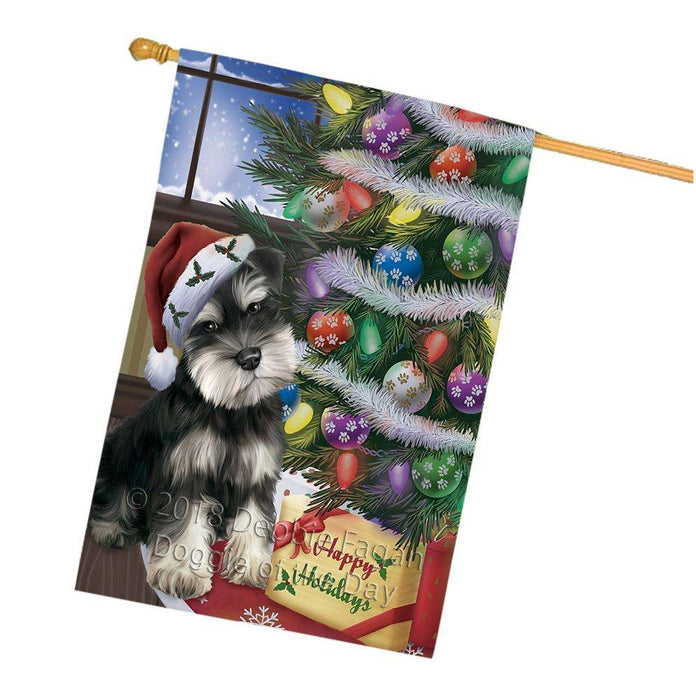 Christmas Happy Holidays Schnauzer Dog with Tree and Presents House Flag FLG54051