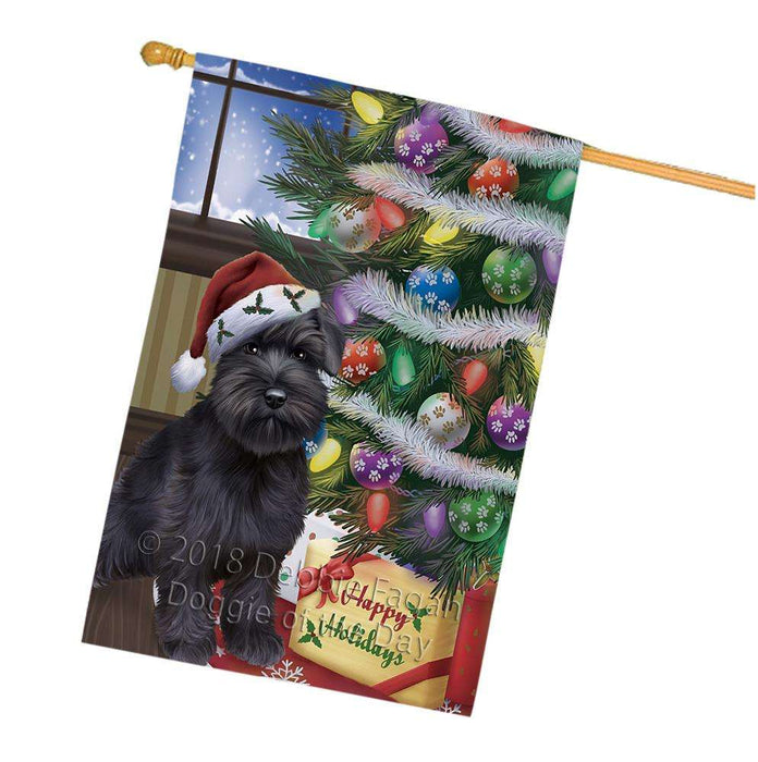 Christmas Happy Holidays Schnauzer Dog with Tree and Presents House Flag FLG54052